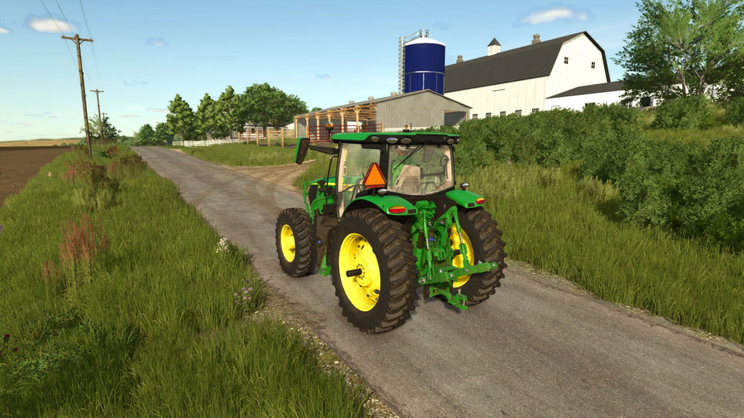 Farming Simulator 25 mod image featuring a green John Deere 6R tractor on a rural farm road.