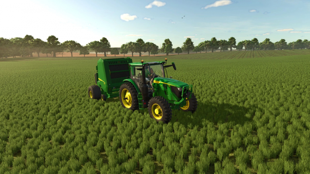 John Deere 6R tractor mod in Farming Simulator 25, mid-sized utility tractor on a green crop field, part of FS25 mods.