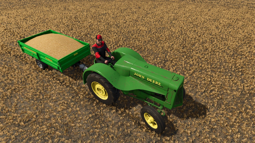 Farming Simulator 25 mod: John Deere AOS tractor with a grain trailer loaded with harvested crop in a field.