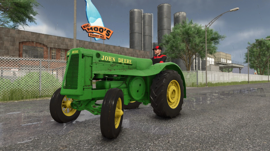 Farming Simulator 25 mod featuring a vintage John Deere tractor in a city street scene.