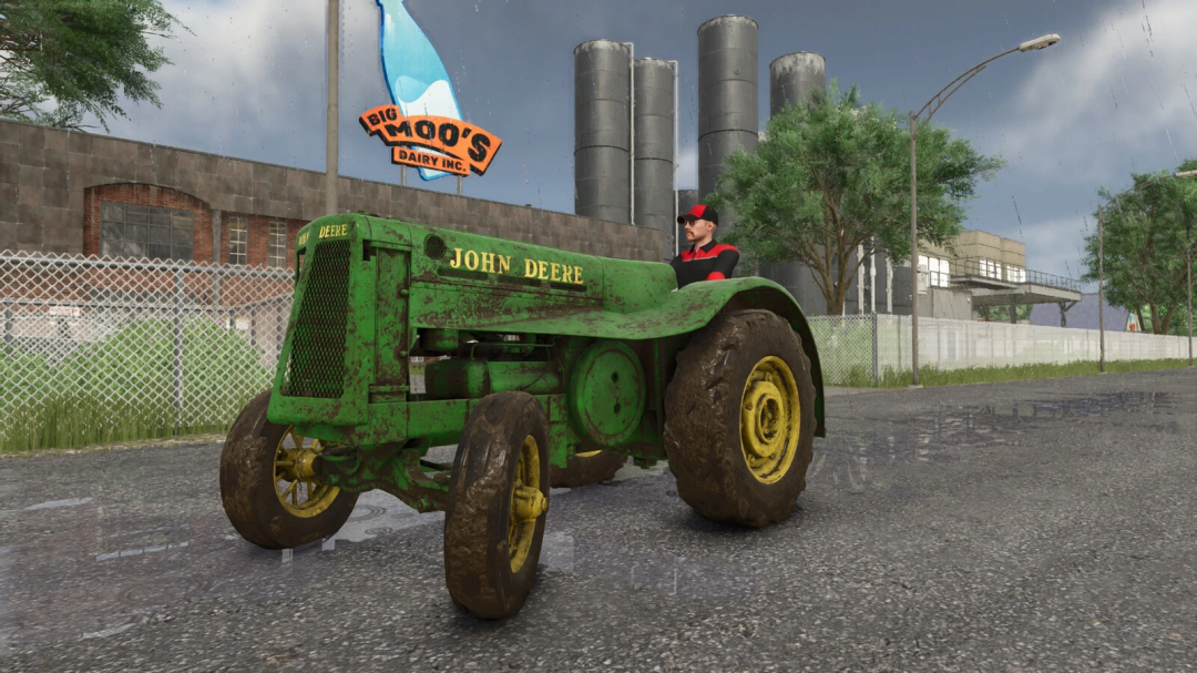 Farming Simulator 25 mod: John Deere AOS tractor on a rainy street with industrial background and a farmer character.