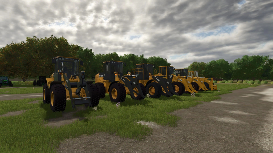 Farming Simulator 25 mods: lineup of John Deere loader machinery, including loaders and skid steers, on a grassy field under a cloudy sky.