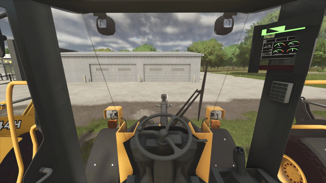 Inside view of a tractor cabin in Farming Simulator 25, showing dashboard, steering wheel, and surrounding environment with farm buildings.