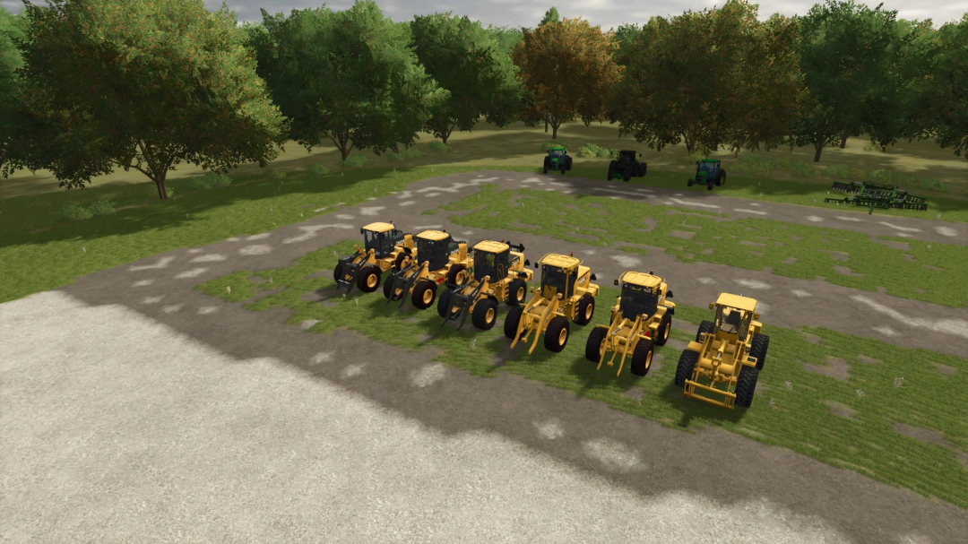 Farming Simulator 25 mods: John Deere Loader Pack v1.0.0.0 showcasing a row of yellow construction loaders on a farm with trees in the background.