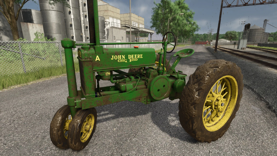 Farming Simulator 25 mod: John Deere Model A vintage tractor with green paint, yellow wheels, and weathered look, suitable for gameplay.