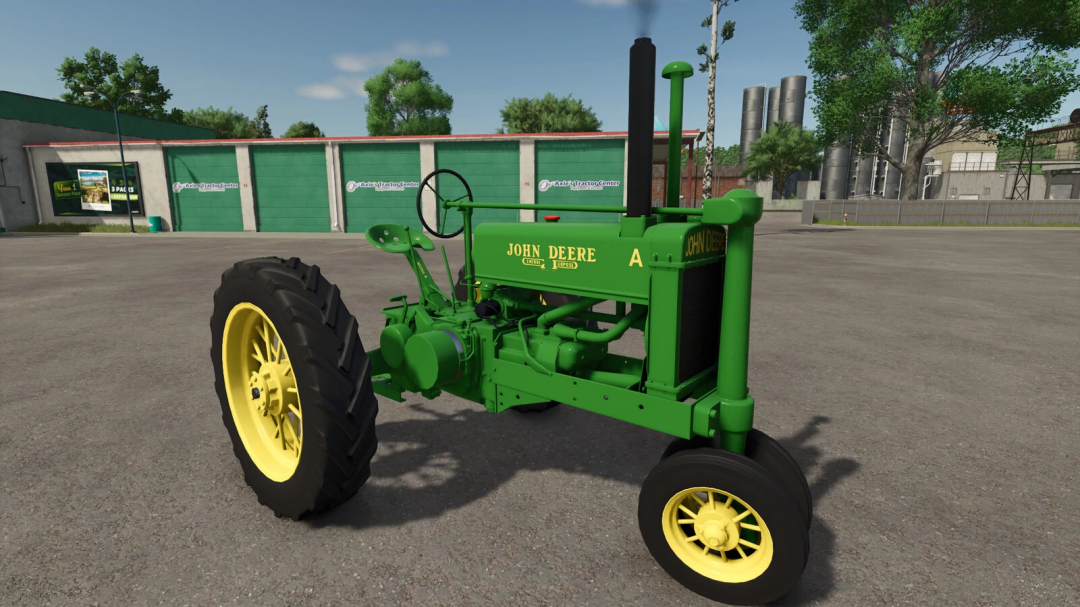 Farming Simulator 25 mod: John Deere Model A vintage tractor with green body and yellow wheels, displayed outdoors.