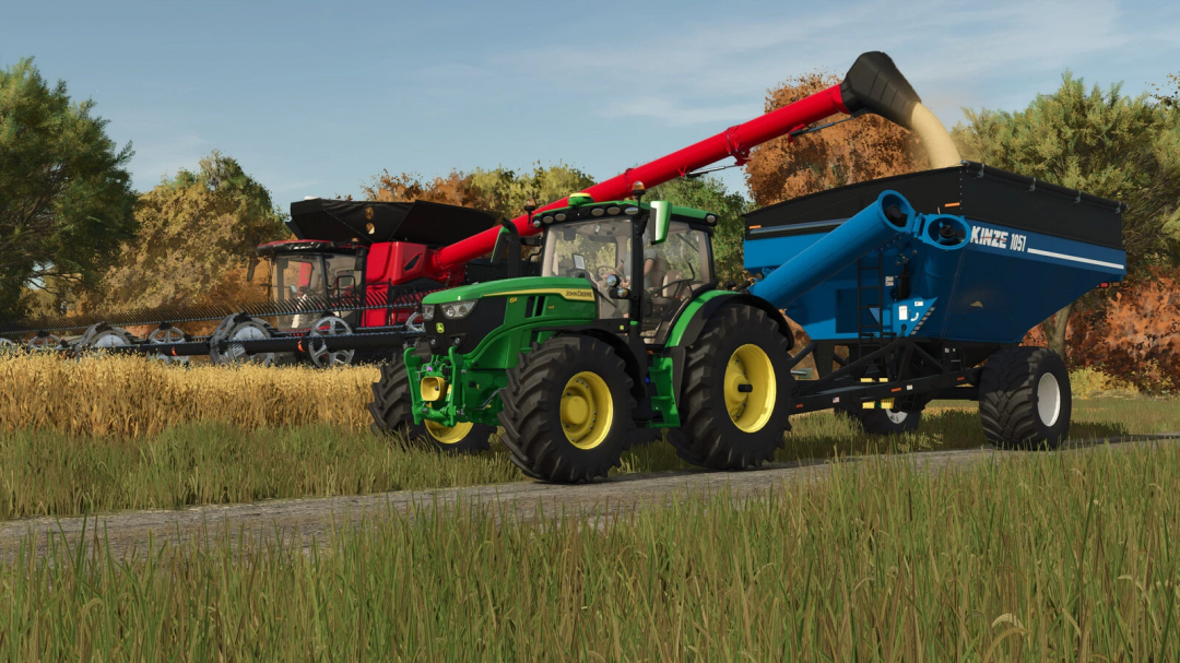 Farming Simulator 25 mods: John Deere tractor with Kinze Wagon Pack for harvesting, in a field with autumn trees in the background.