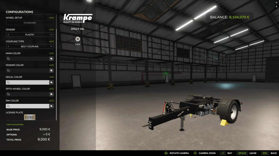 Farming Simulator 25 mod showing the Krampe Dolly 10L trailer customization screen in a warehouse, displaying color options and license plate.