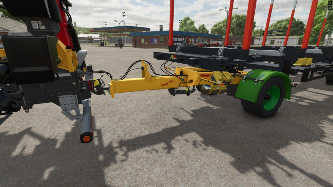 Farming Simulator 25 mods: Krampe Dolly 10L trailer mod featuring yellow frame, green wheel, and black load platform for agriculture harvesting.
