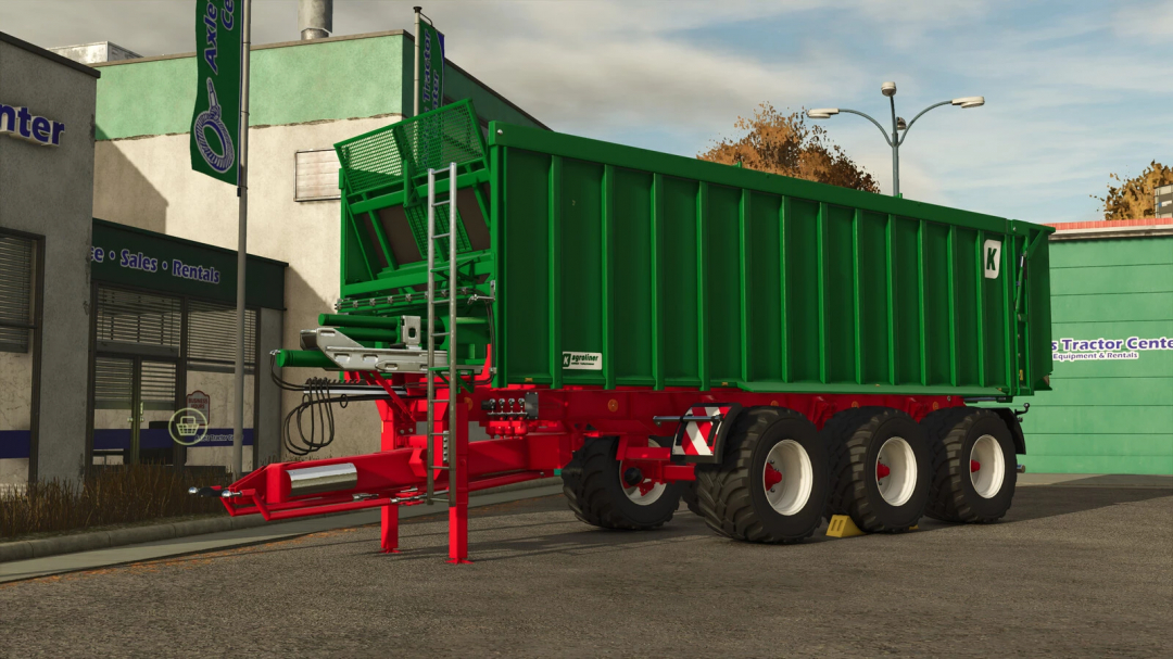 Farming Simulator 25 mod featuring the Kröger TAW 30 green agricultural trailer in an urban setting.