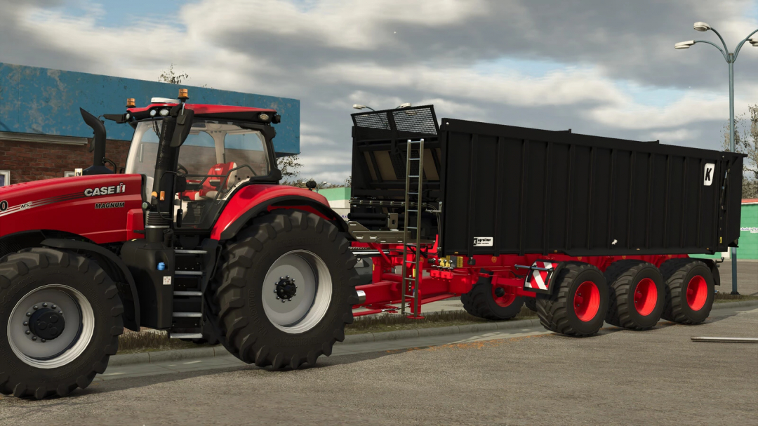 Farming Simulator 25 mod featuring a red Case IH Magnum tractor with a black Kröger TAW 30 trailer attachment, part of FS25 mods.
