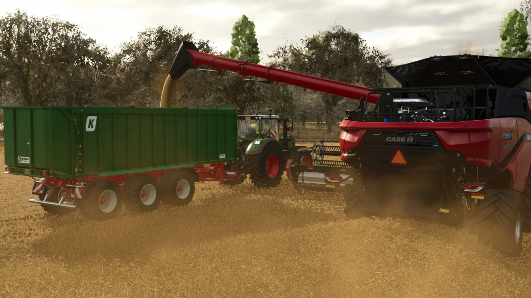 In Farming Simulator 25, a CASE IH equipment attached to a tractor with a Kröger TAW 30 v1.0.0.0 mod, used for agricultural harvesting.
