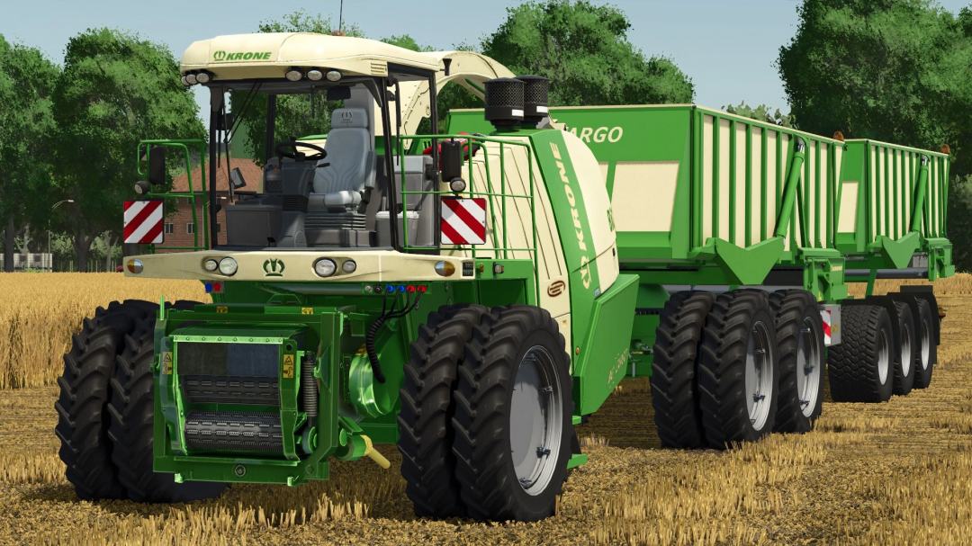 Farming Simulator 25 mod featuring a Krone Big X 1100 forage harvester with cargo trailer in a field.