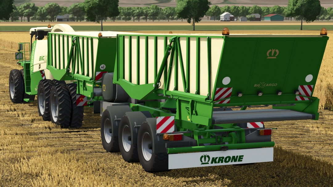 Farming Simulator 25 mod featuring the Krone Big X 1100 Cargo & Cargo Trailer in a green design on a farm field.