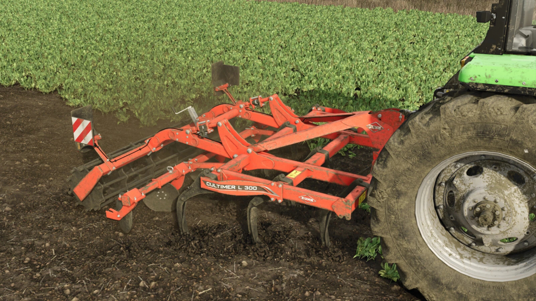 Farming Simulator 25 mod image of Kuhn Cultimer L300 tillage implement attached to tractor in a field.