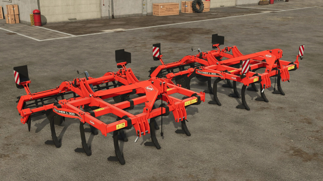 Farming Simulator 25 mods featuring Kuhn Cultimer L300 tillage equipment in a warehouse setting.