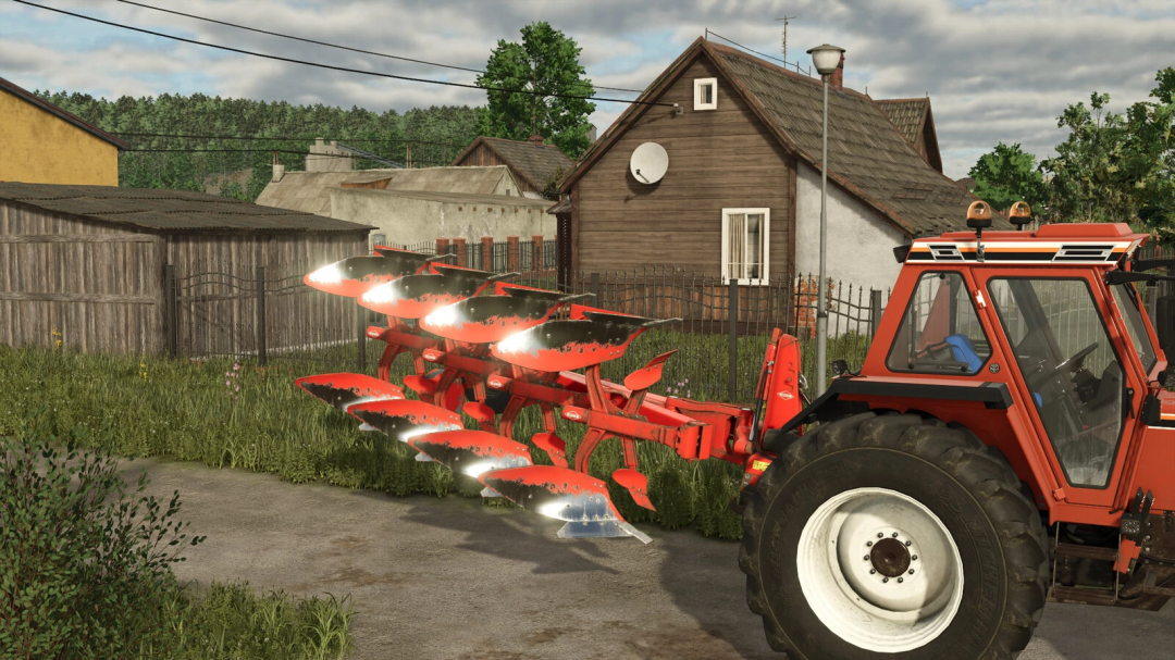 Farming Simulator 25 mod featuring a red tractor with Kuhn Vari-Master 153 plow attachment for realistic farming.