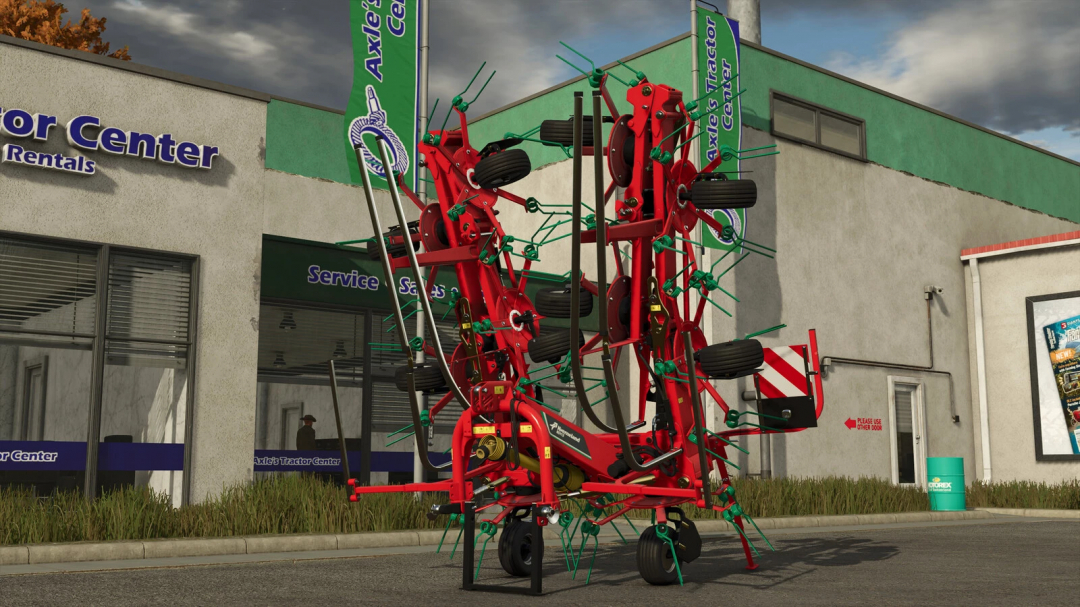 Farming Simulator 25 mods: Kverneland 85112 v1.0.0.0 hay tedder parked outside Axle's Tractor Center in this game screenshot.