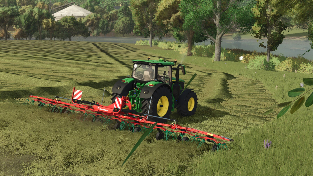 Farming Simulator 25 mod: Green tractor with Kverneland 85112 cultivator on a farm field.