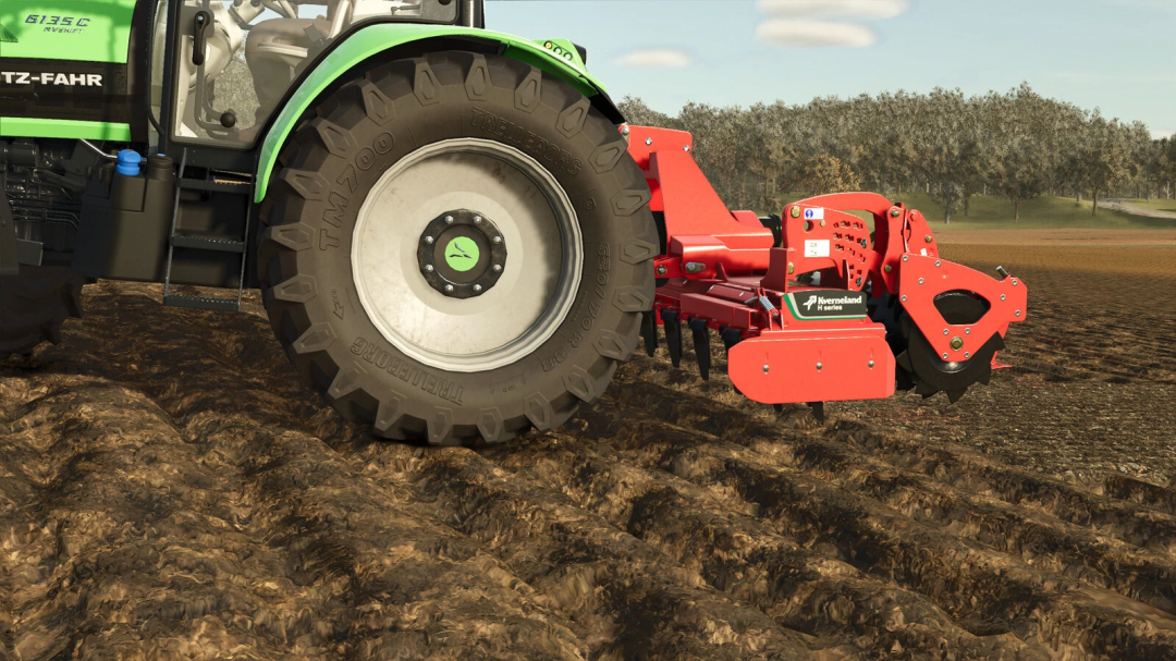 Farming Simulator 25 mod: Kverneland E-Drill Maxi attached to tractor in a field, realistic soil and landscape.