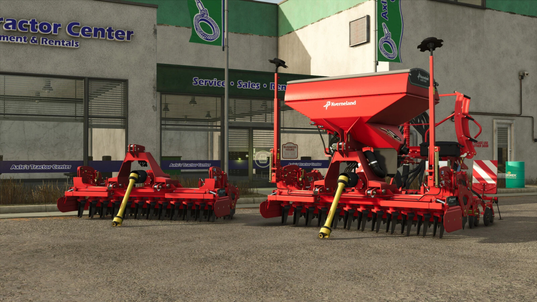 Two Kverneland E-Drill Maxi seed drills in front of Axle's Tractor Center, used as FS25 mods for Farming Simulator 25.
