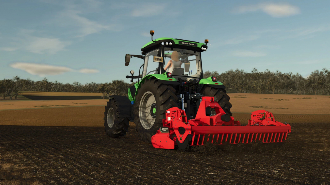 Farming Simulator 25 mod: Deutz-Fahr tractor with Kverneland E-Drill Maxi seeder working on farmland.