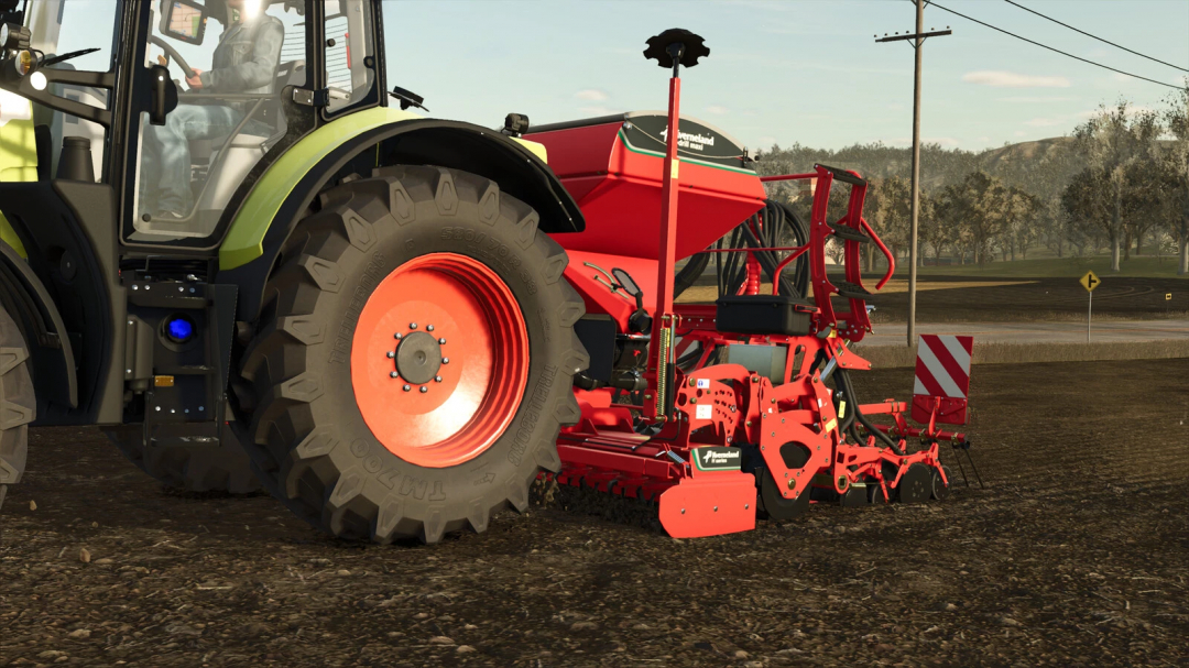 Farming Simulator 25 mod: Kverneland E-Drill Maxi attached to the tractor for seeding. Realistic agricultural equipment in FS25.