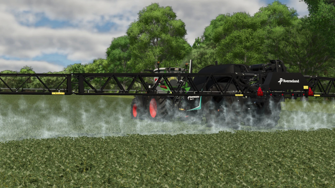 Farming Simulator 25 mod: Kverneland IXtrack T4 spraying weeds in a field under cloudy sky.