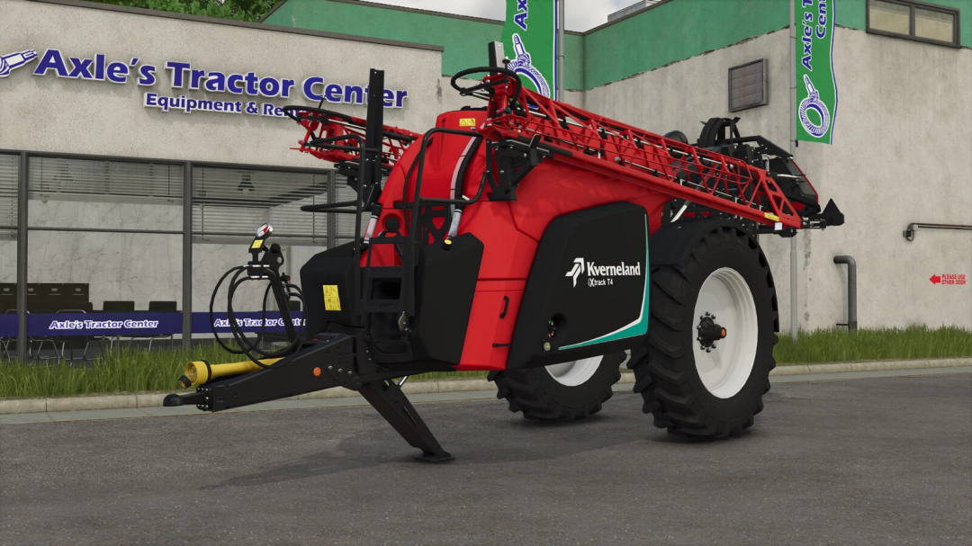Farming Simulator 25 mod - Kverneland IXtrack T4 sprayer parked outside Axle's Tractor Center.