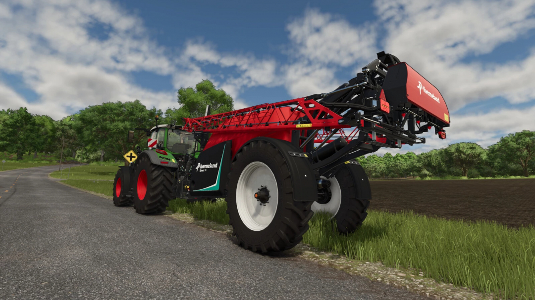 Farming Simulator 25 mod: Kverneland IXtrack T4 agricultural sprayer on a rural road with green fields and trees in the background.