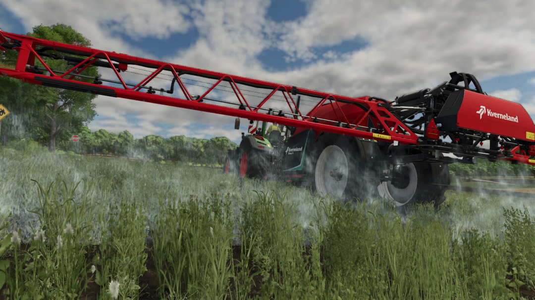 Farming Simulator 25 mods: Kverneland IXtrack T4 v1.0.0.0 spraying herbicide over a green field.
