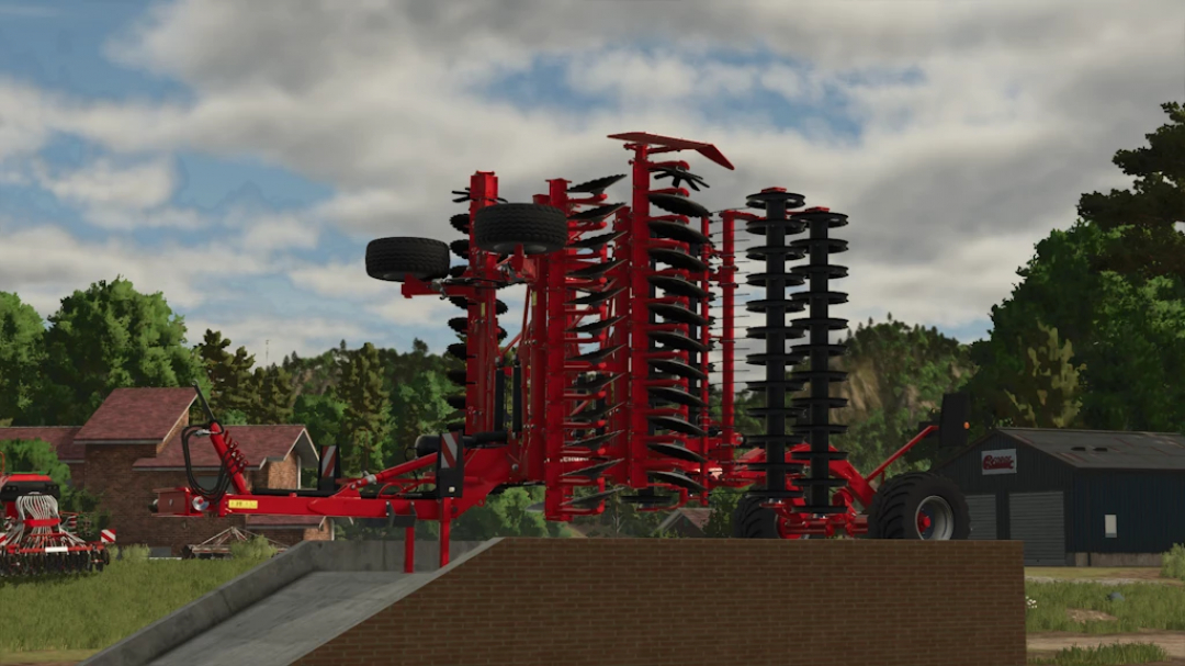 Kverneland Qualidisc Rust Edition 1.0.0.0 mod for Farming Simulator 25, showcasing a red disc harrow on a farm with trees and buildings in the background.