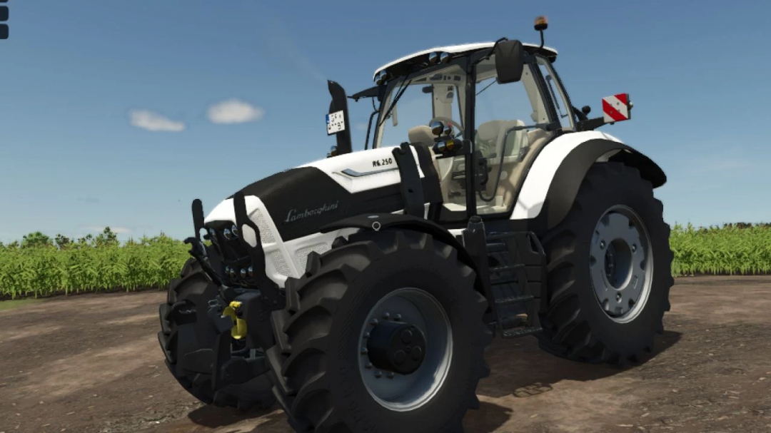 Farming Simulator 25 mod - Lamborghini R6.250, a detailed tractor on a farm with green fields in the background.