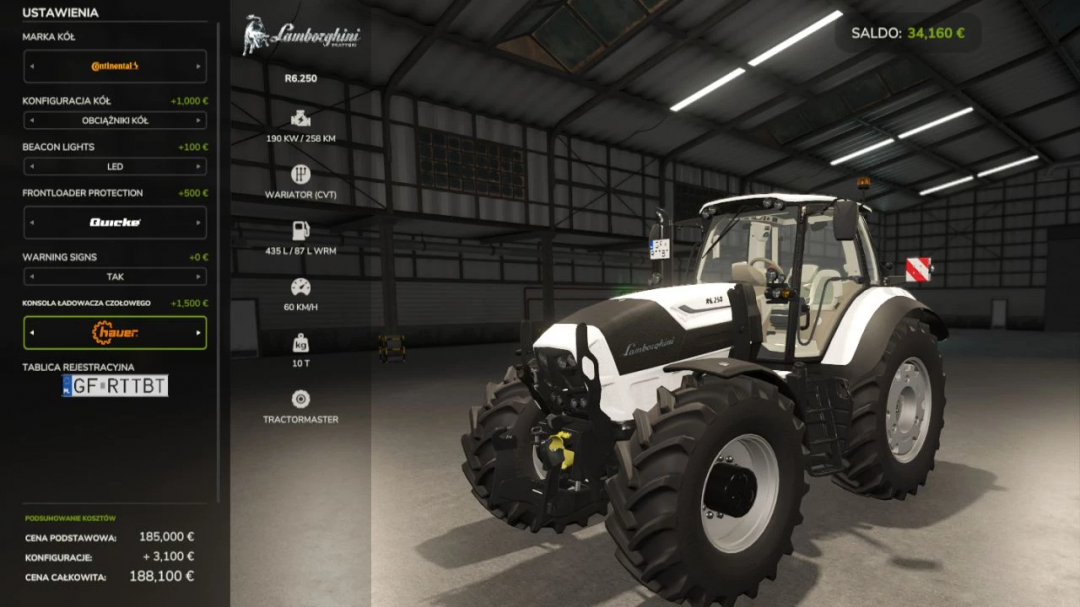Farming Simulator 25 mod screenshot of Lamborghini R6.250 tractor with detailed specifications and in-game balance.