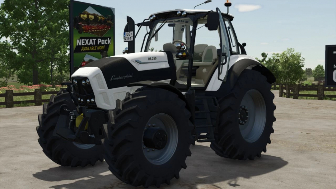 Lamborghini R6.250 tractor mod from Farming Simulator 25, showcased in a farm setting with detailed wheels and branding.