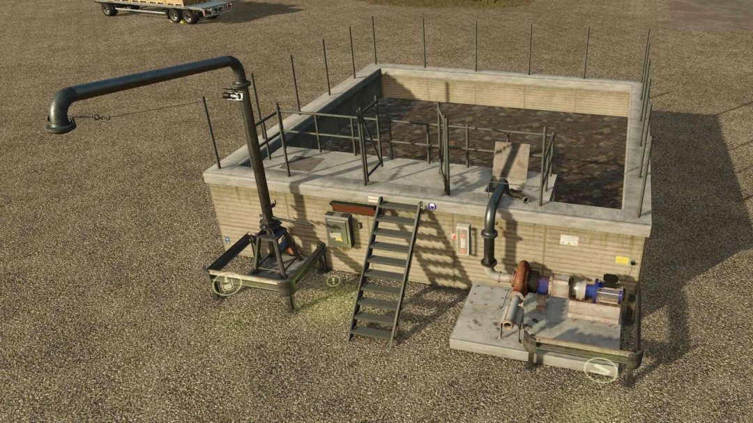 Liquid Manure Storage mod for Farming Simulator 25, showing a concrete tank with pipes, stairs, and filtration system, part of FS25 mods.