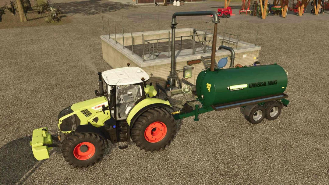Farming Simulator 25 mod featuring a tractor with a universal liquid manure storage tank, used for farming and manure management.