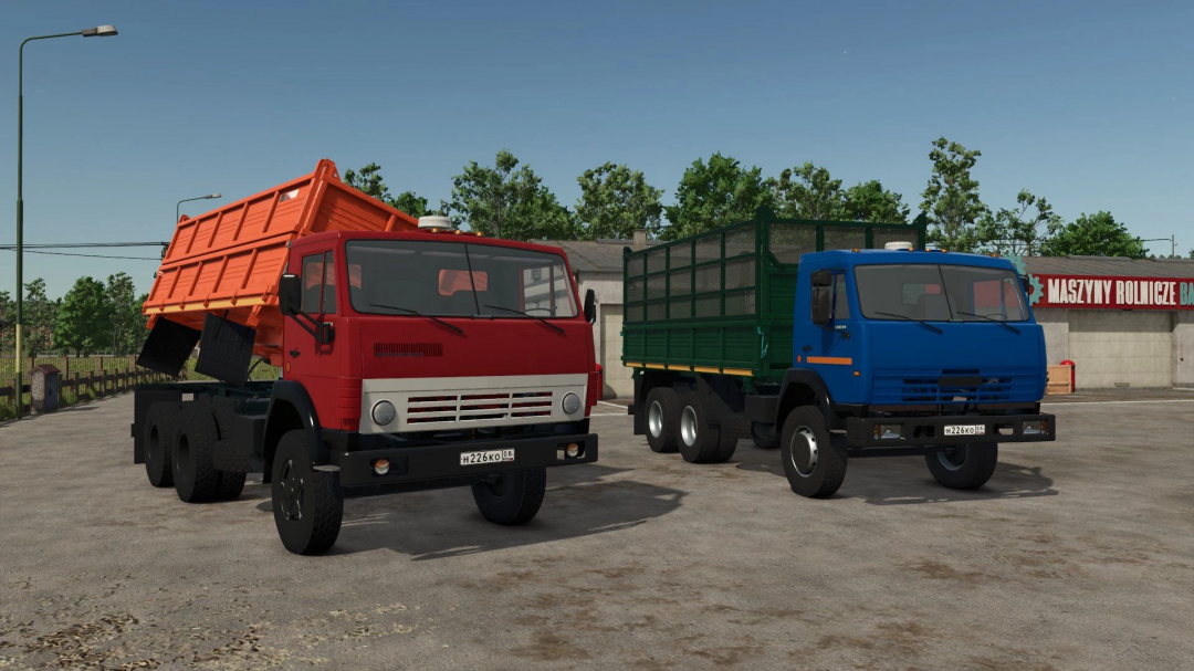 Farming Simulator 25 mod featuring the Lizard 55102 in red and blue, with cargo beds, parked in a farmyard.