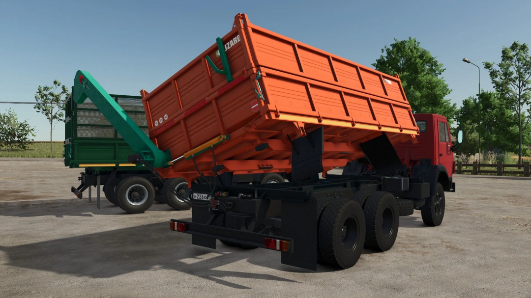 Farming Simulator 25 mods: Lizard 55102 v1.0.0.0 dump truck with orange cargo bed and green unloading arm.