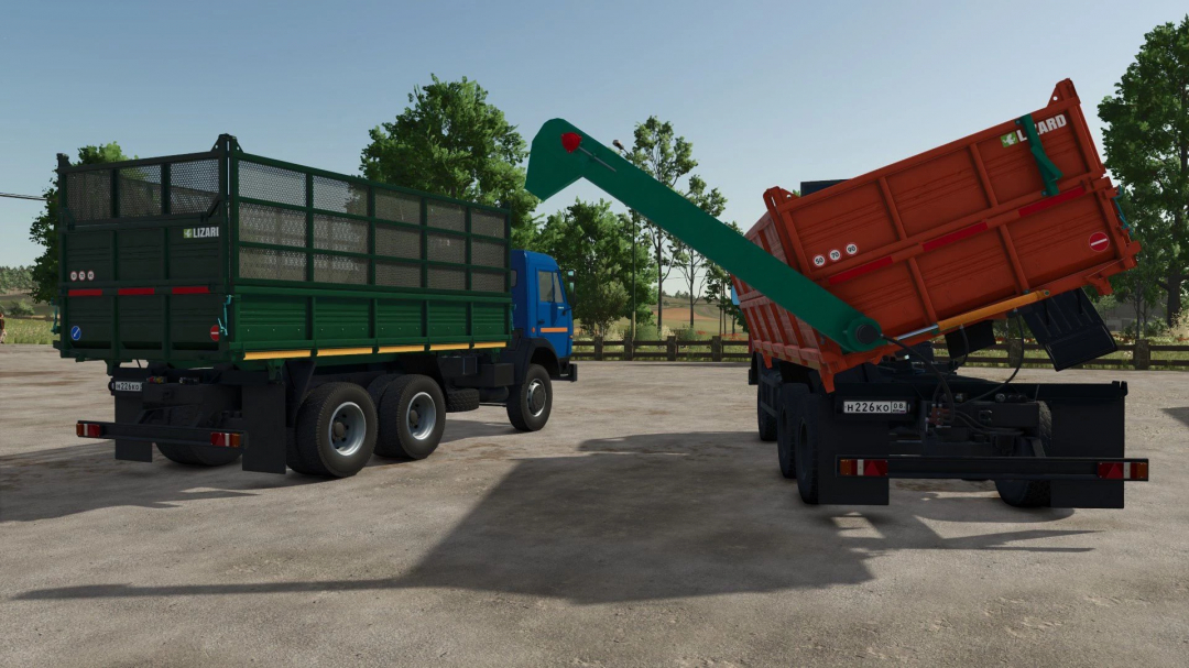 Farming Simulator 25 mod showing a green Lizard trailer being lifted by a crane from a red trailer, with trees and a fence in the background.