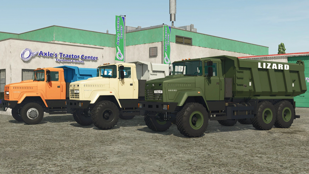 Farming Simulator 25 mods featuring three Lizard trucks at Axle's Tractor Center, including a green dump truck with 'LIZARD' branding, for FS25 mods.
