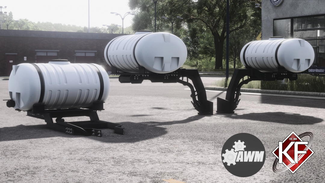 Farming Simulator 25 mods: Lizard Helicopter Tanks & Front Tank v1.0.0.0 displayed on a parking lot with logos.