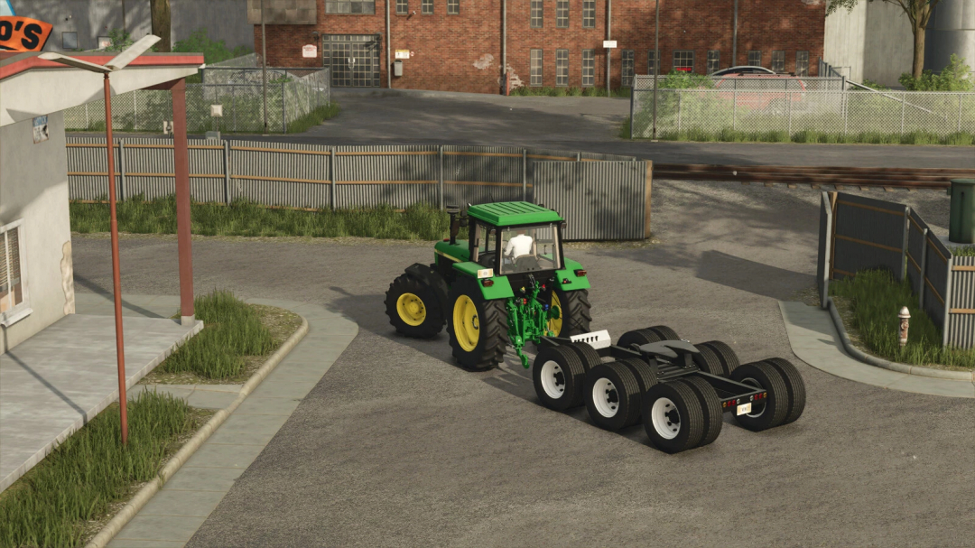 Farming Simulator 25 mod featuring the Lizard Old Dolly 1993 trailer attached to a green tractor in an urban setting.