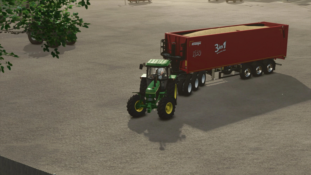 Farming Simulator 25 mod: John Deere tractor pulling a red 3-in-1 Krampe Old Dolly trailer for harvesting and transport.