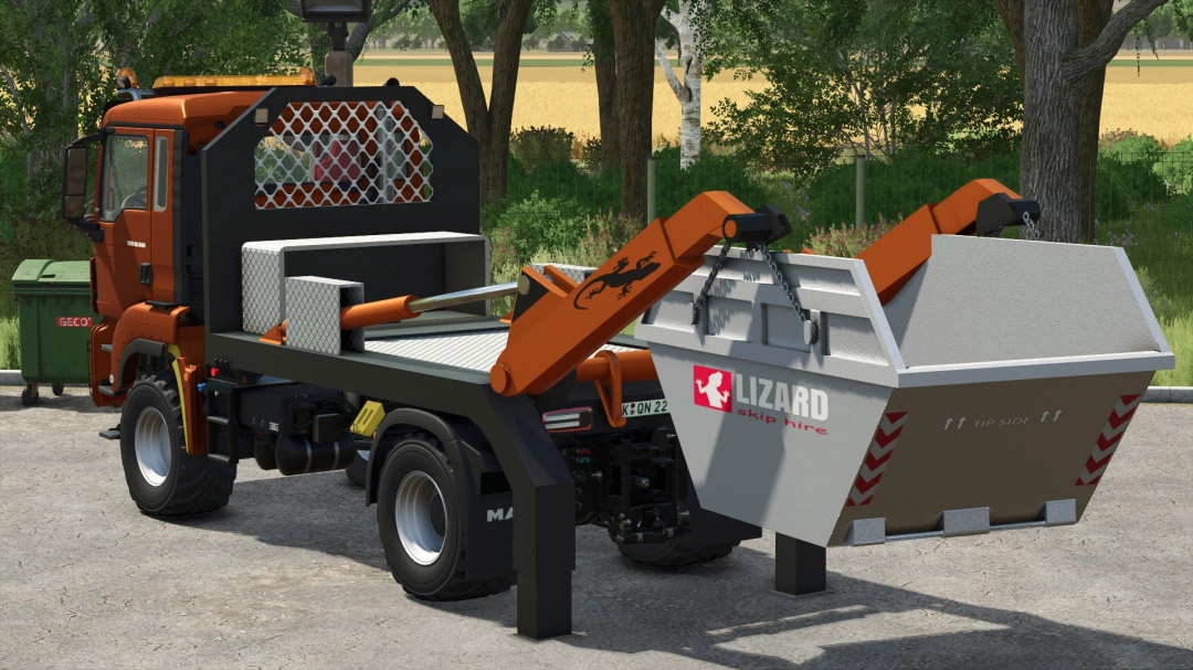 FS25 mod in Farming Simulator 25 featuring a skip loader truck with a lizard skip container, detailed graphics, and vibrant colors.