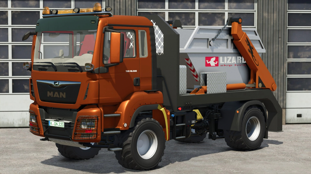 Farming Simulator 25 mod featuring a MAN TGS 18.500 skip loader truck with orange and black design, used for load handling in farming operations.