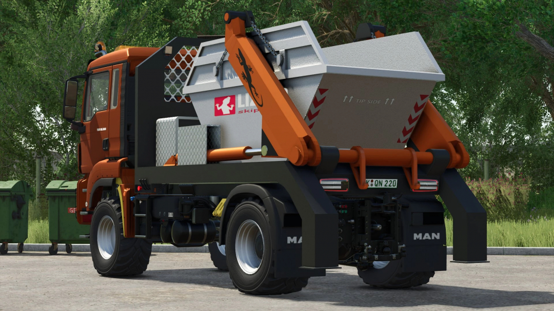 Farming Simulator 25 mod: MAN TGS 18.500 Skip Loader Truck with tipper for hauling materials.
