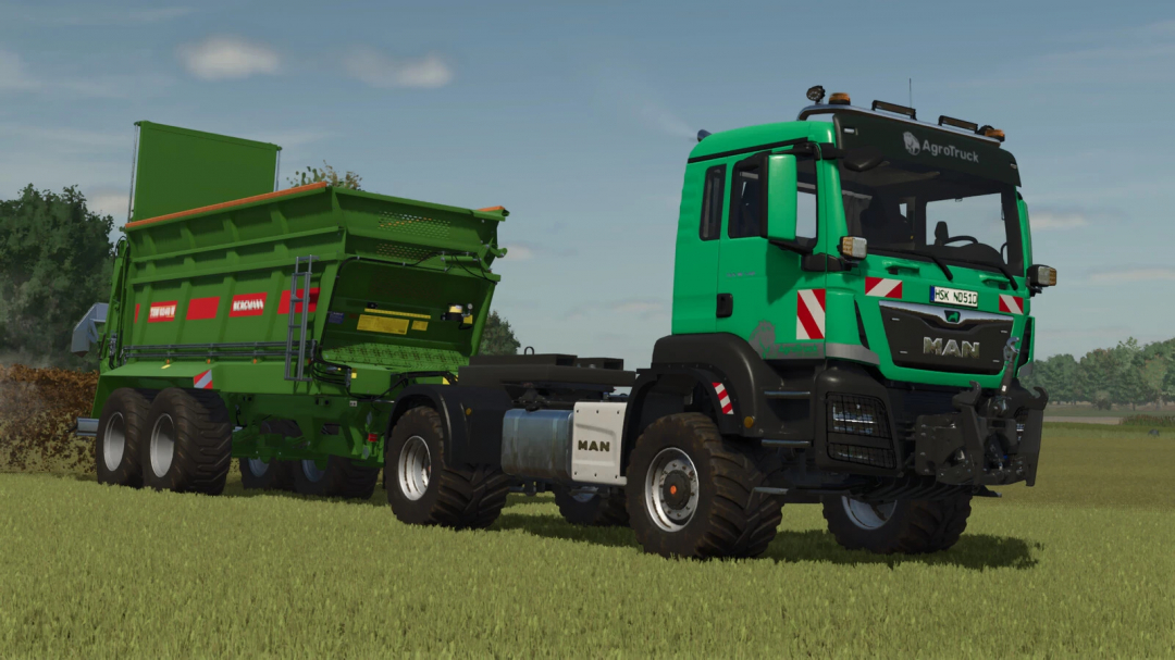 Farming Simulator 25 mod: MAN TGS 18 Series truck with a green grain cart, enhanced for Farming Simulator 25 gameplay.