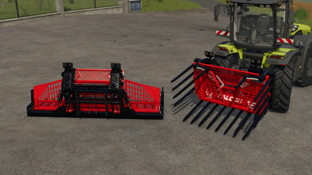 Farming Simulator 25 mods showing a red agricultural rake attachment for the FS25 game on a tractor.