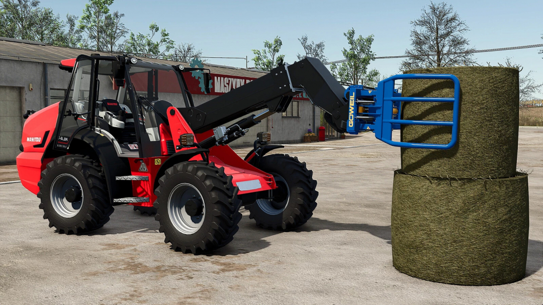 Farming Simulator 25 mod: Manitou MLAT533 forklift handling hay bale with GOWEL attachment.